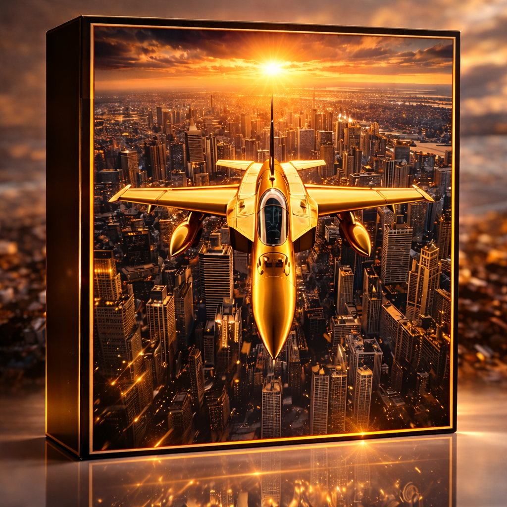 Golden jet over city at sunset (1) AI Golden Jet Fighter GTX MT4 EA No DLL